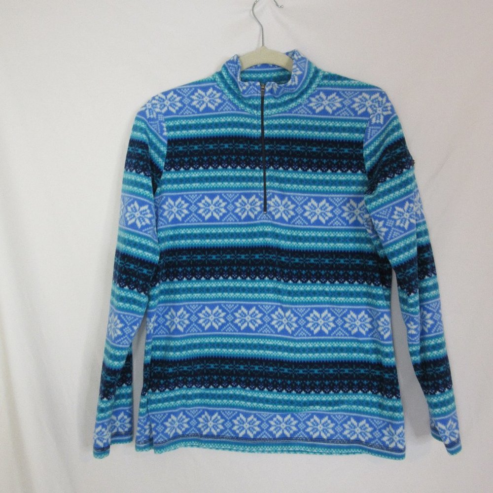 L.L. Bean Blue Fair Isle Soft Fleece Pullover Quarter 1/4 Zip Sweater Size Small